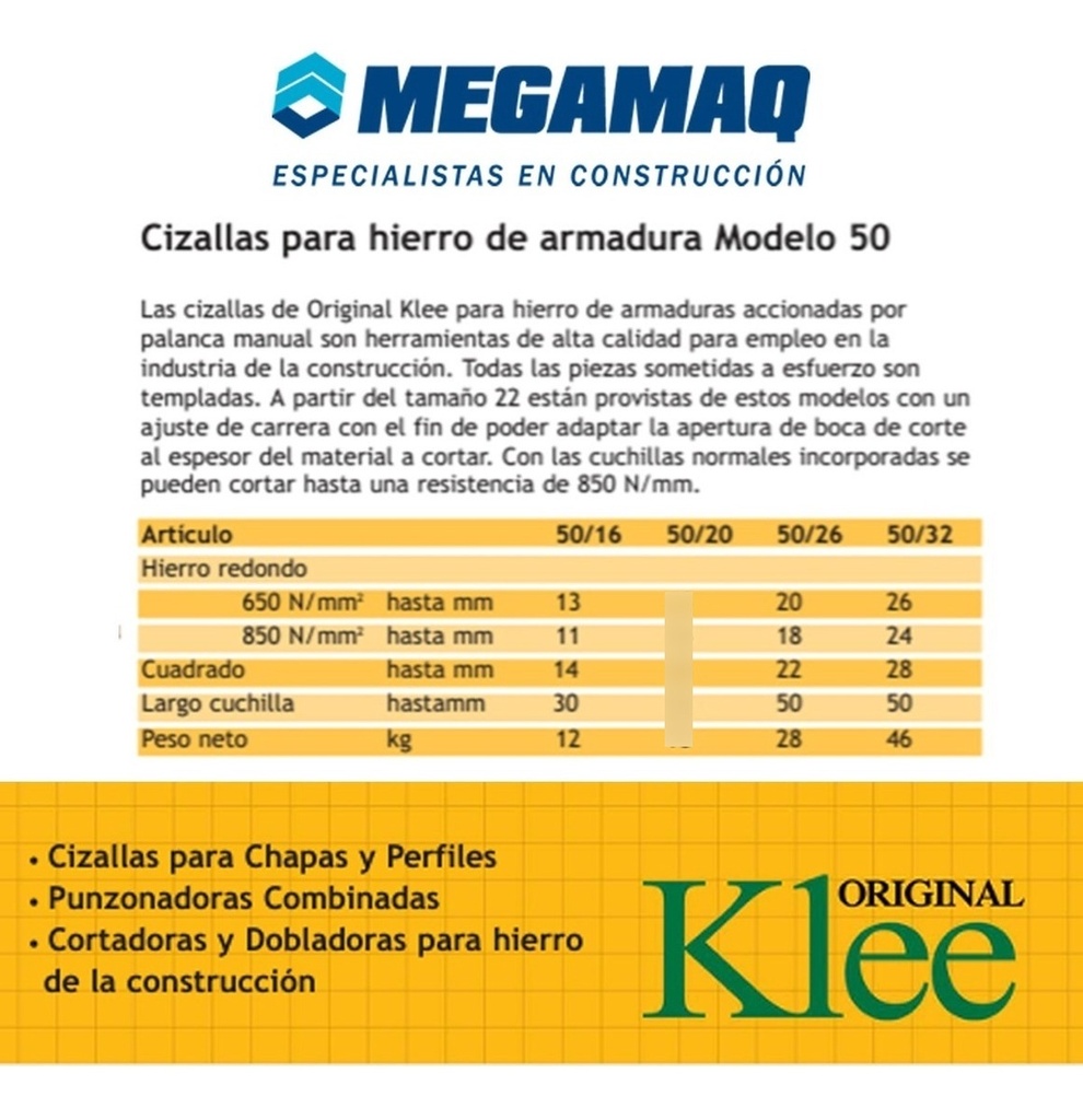 Cizalla Cortadora De Hierro Manual Hasta 25mm Klee 50/32