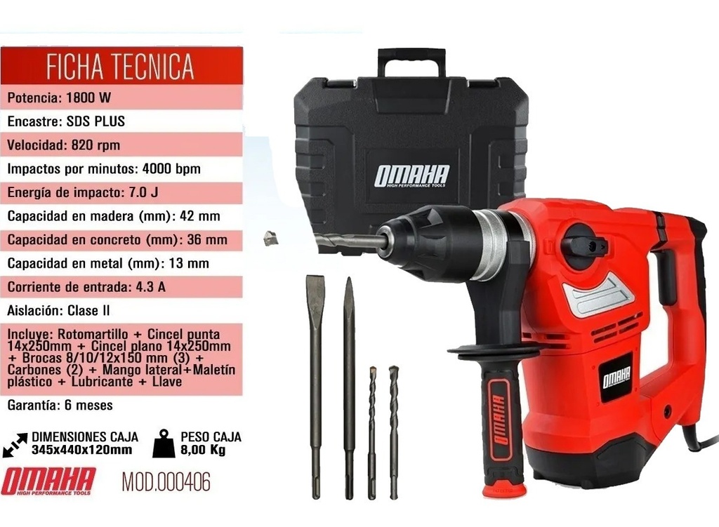 Rotomartillo Percutor 1800w Omaha Rm-36plus 7j Sdsplus 