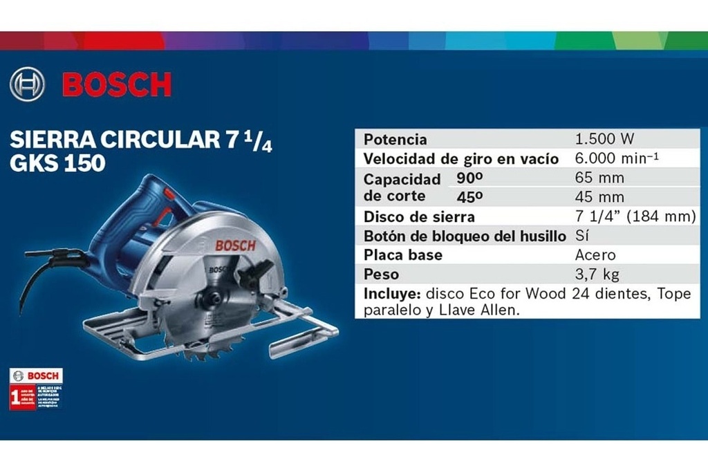 Sierra Circular Bosch Gks150 1500w 7-1/4'' 184mm + Disco