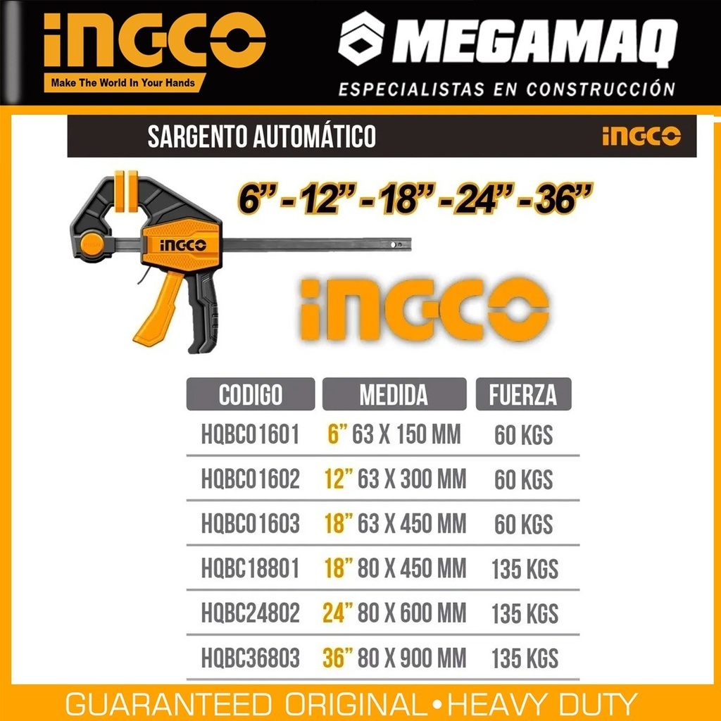 Prensa Sargento Ajuste Rapido 18 P 63x450mm Ingco Hqbc01603