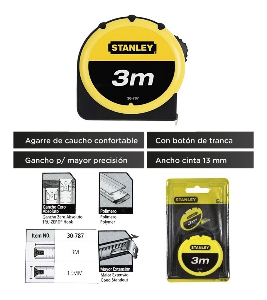 Cinta Metrica 3 Metros Stanley 30-787 Acero Plus  Megamaq
