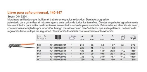 Llave Caño Ajustable Bahco 144 P/caño Aleación De Acero Pint