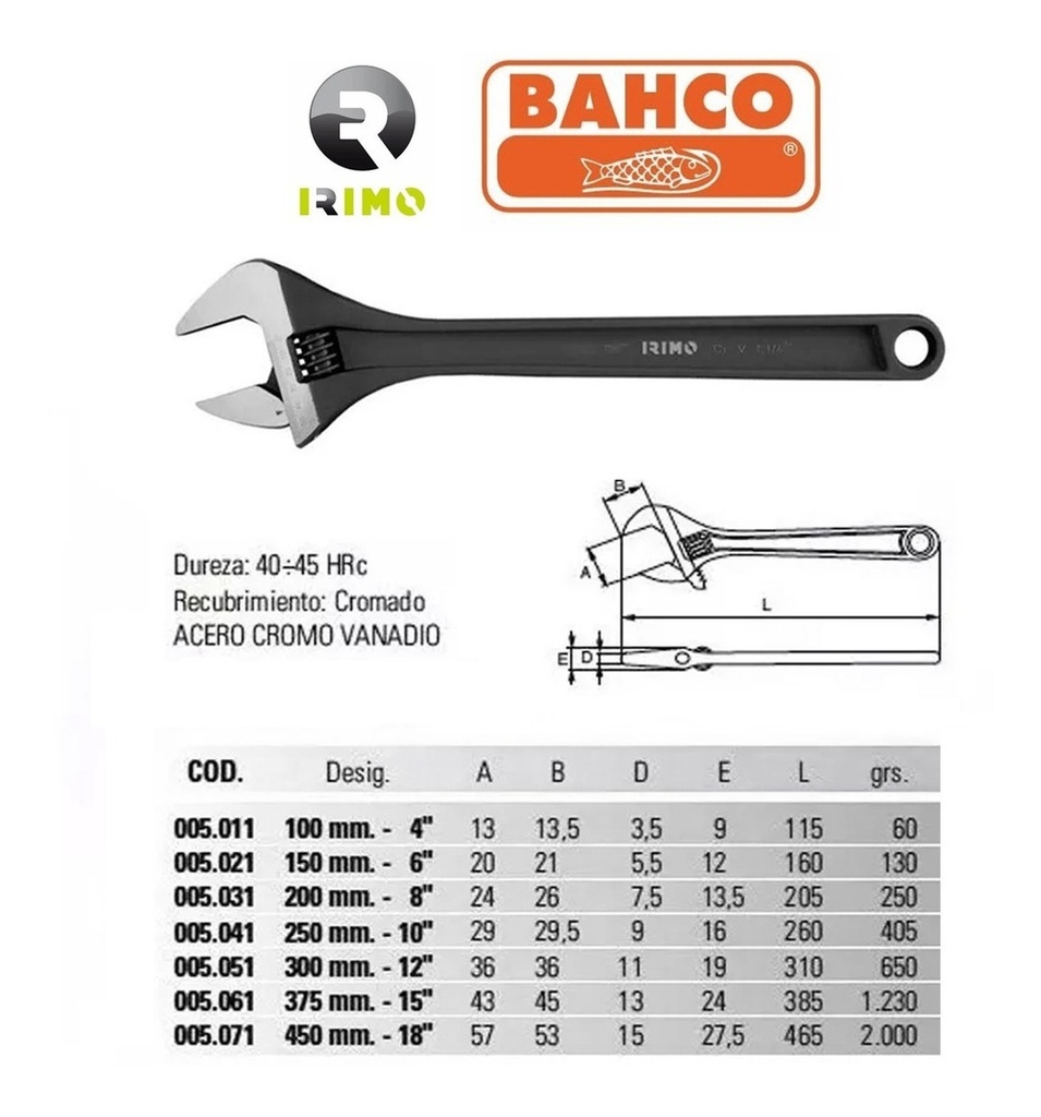 Llave Francesa 12  Bahco Original 8073 Ajustable Fosfatizada