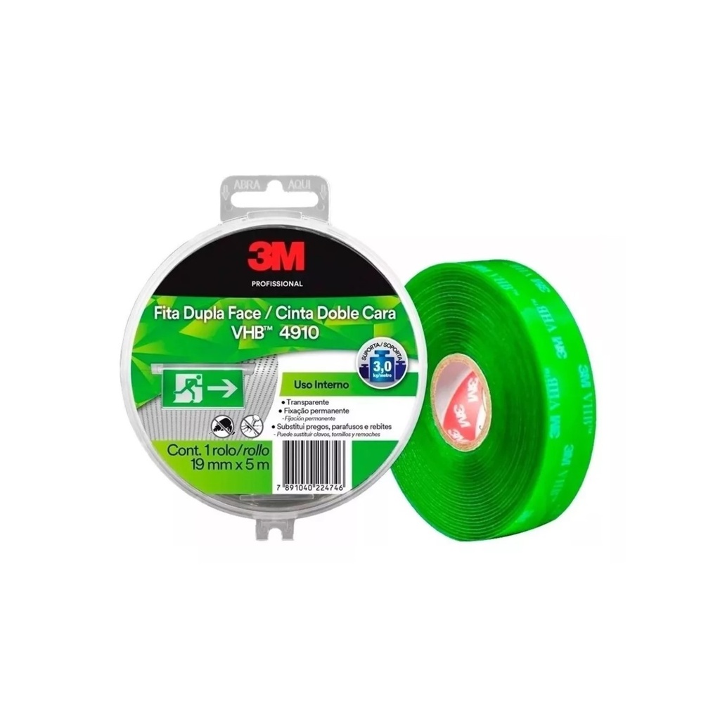 CINTA DOBLE FAZ 3M 19MM X 5 MTS VHB-4910 INTERIOR VERDE - 3MADDFTT3259